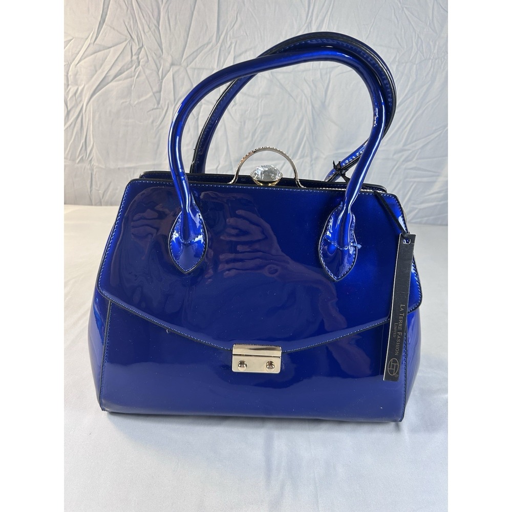 La Terre Fashion Blue Patent Satchel Handbag Rhinestone Clasp Top Handle